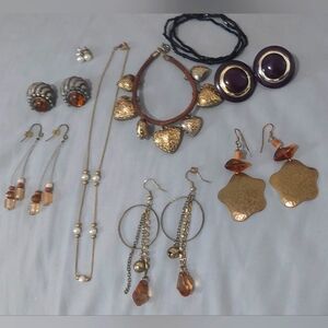 Boho Jewellery LOT: gold pewter amber pearl LOOK costume jewelry leather hearts
